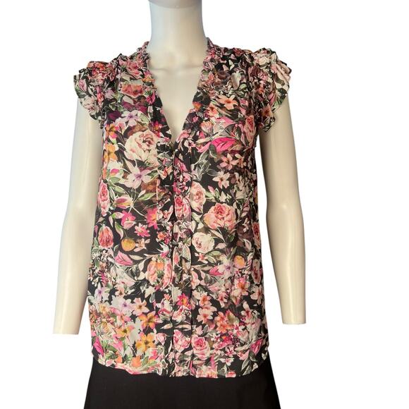 Generation Love Black Floral Ruffle Trim Blouse Size Small - Picture 1 of 5